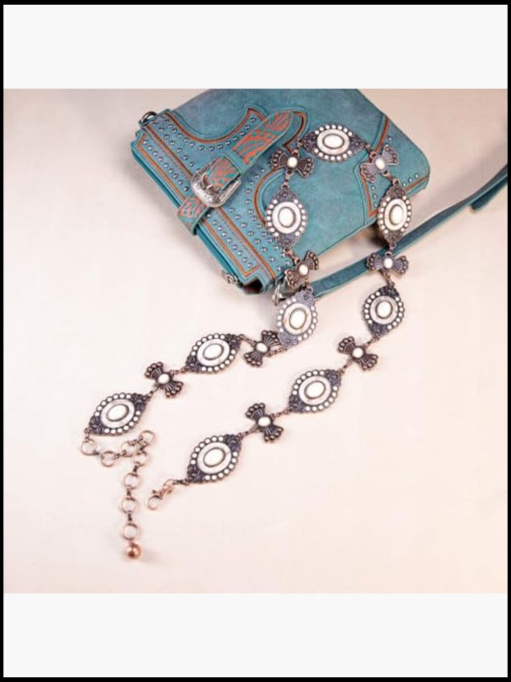 Large Western Concho Metal Chain Belt with Faux Turquoise - Picture 6 of 7